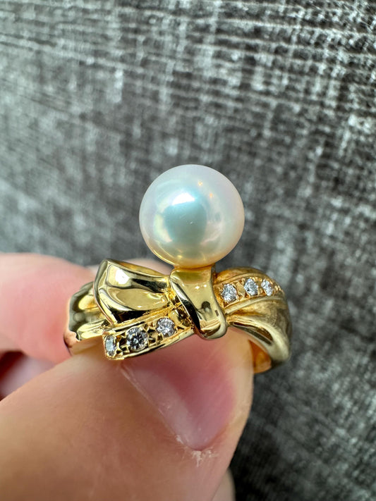 Vintage Mikimoto 18K Yellow Gold Pearl & Diamond Bow Ring | Signed Estate Jewelry