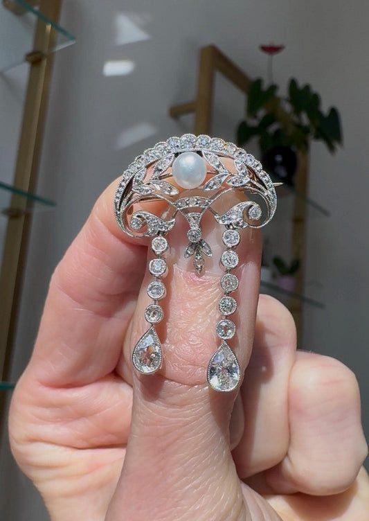 Edwardian Platinum Diamond Pearl Brooch | Antique Old Cut Diamond Drop Pin