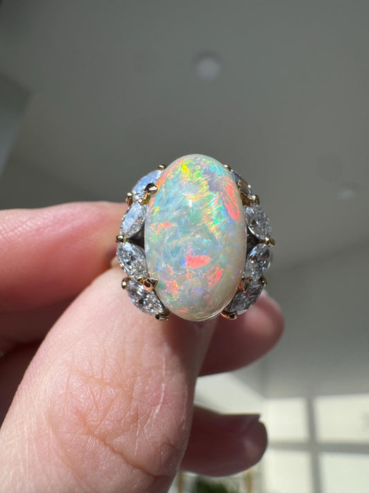 Australian 6.77ct Opal Platinum & 18K Gold and Marquise Diamond Ring