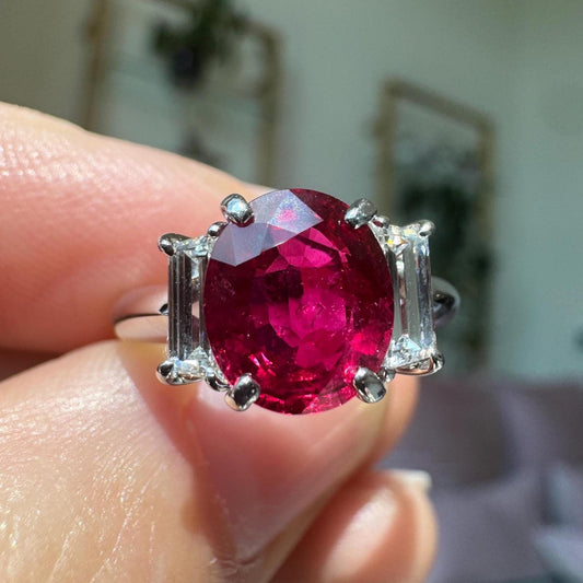 GIA Certified Natural Madagascar Ruby & Diamond Platinum Three Stone Ring
