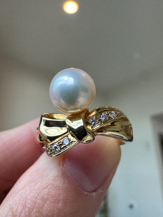 Vintage Mikimoto 18K Yellow Gold Pearl & Diamond Bow Ring | Signed Estate Jewelry