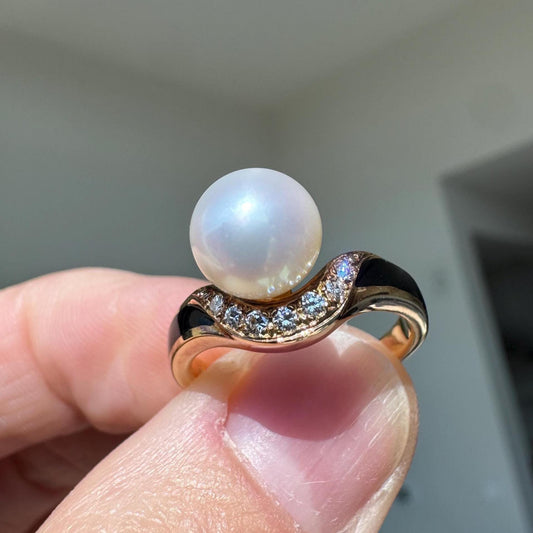 Authentic 18k Yellow Gold Vintage Mikimoto 8mm Akoya Pearl & Diamond Ring | Signed Estate Jewelry