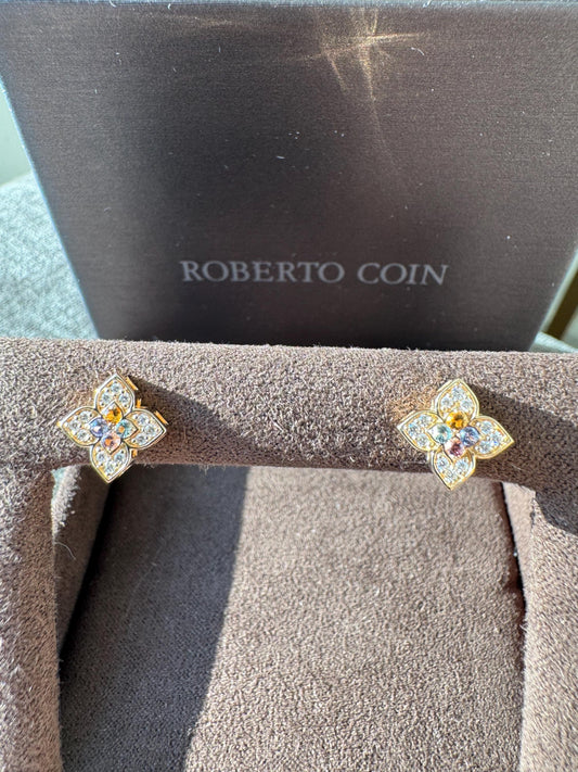 Roberto Coin Venetian Princess Carnival Earrings | 18K Rose Gold Diamond Mixed Gemstone Flower Studs