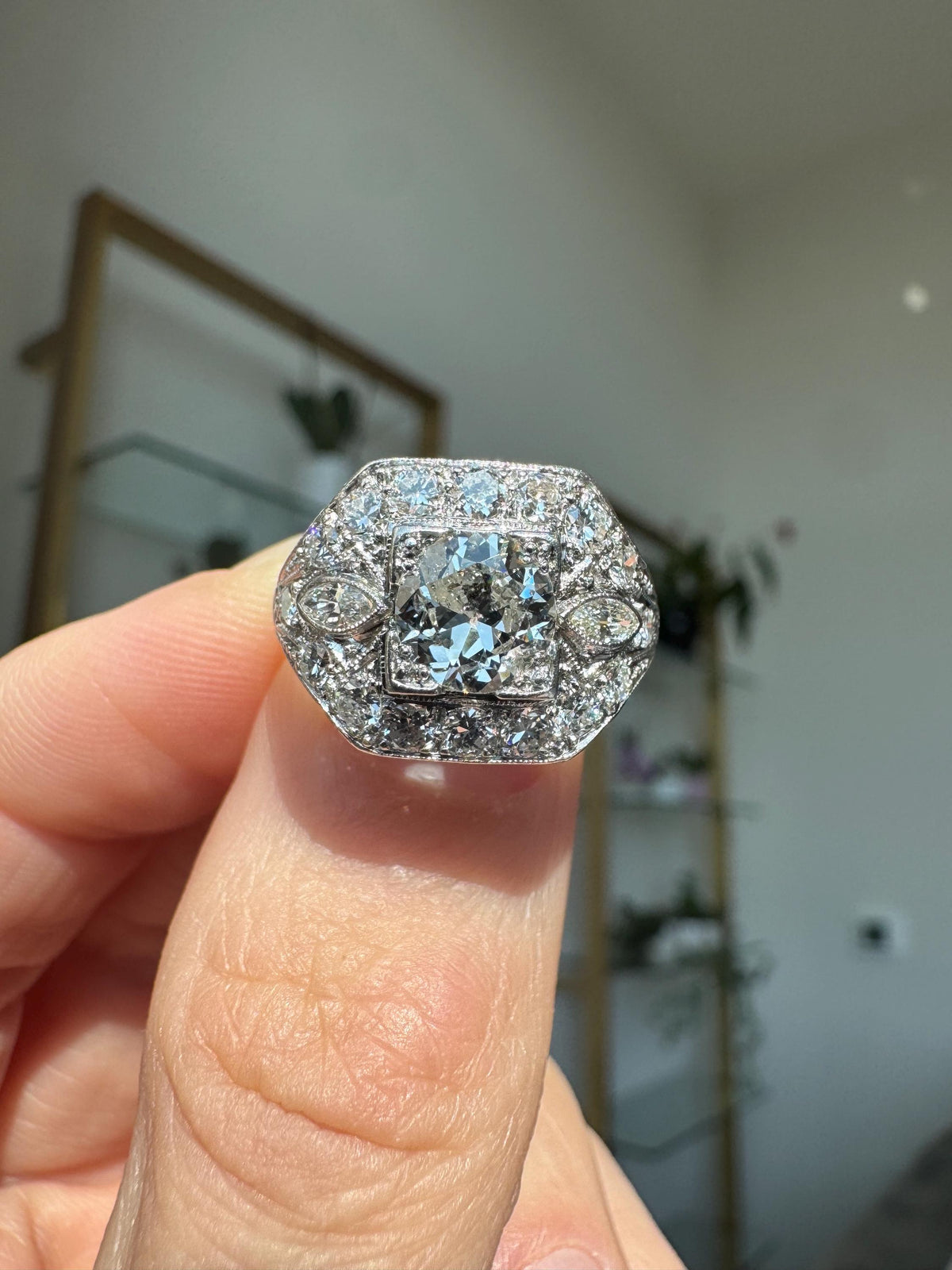 Art Deco Platinum Old Mine Cut Natural Diamond Ring