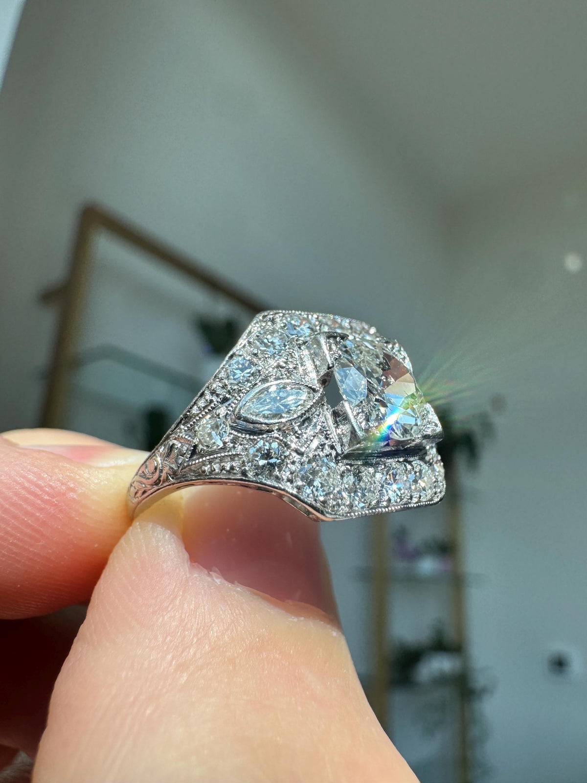 Art Deco Platinum Old Mine Cut Natural Diamond Ring