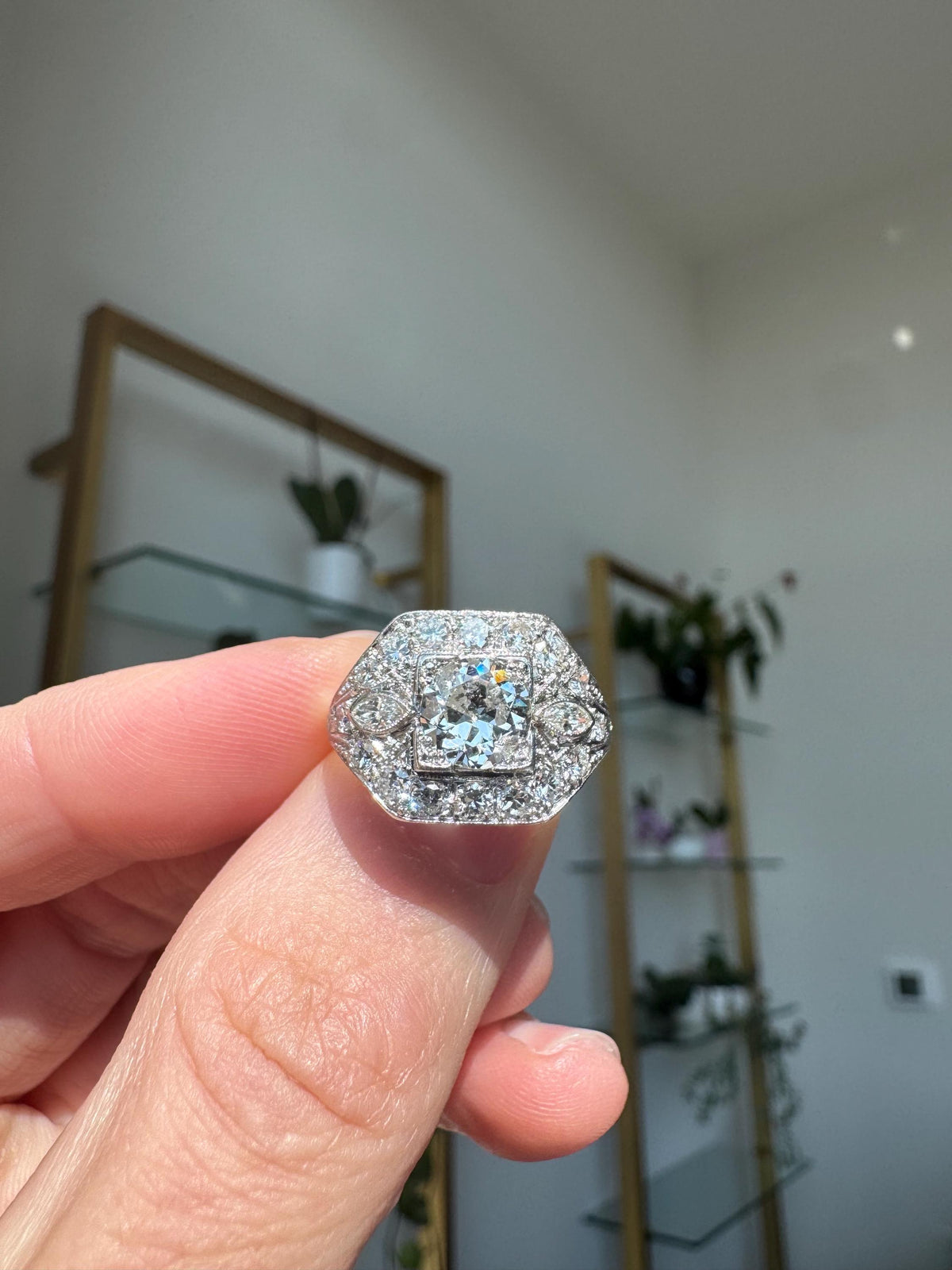 Art Deco Platinum Old Mine Cut Natural Diamond Ring