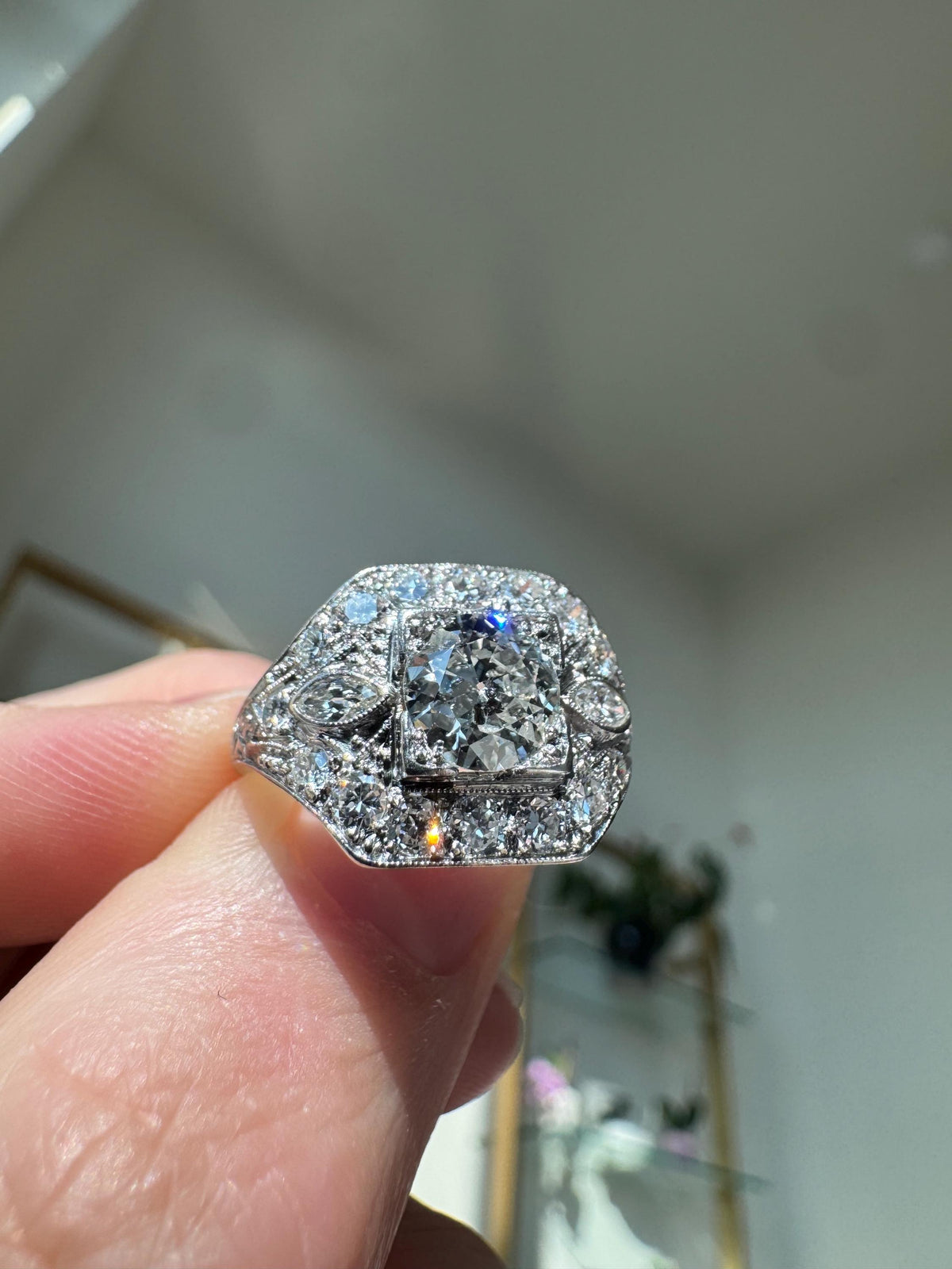 Art Deco Platinum Old Mine Cut Natural Diamond Ring