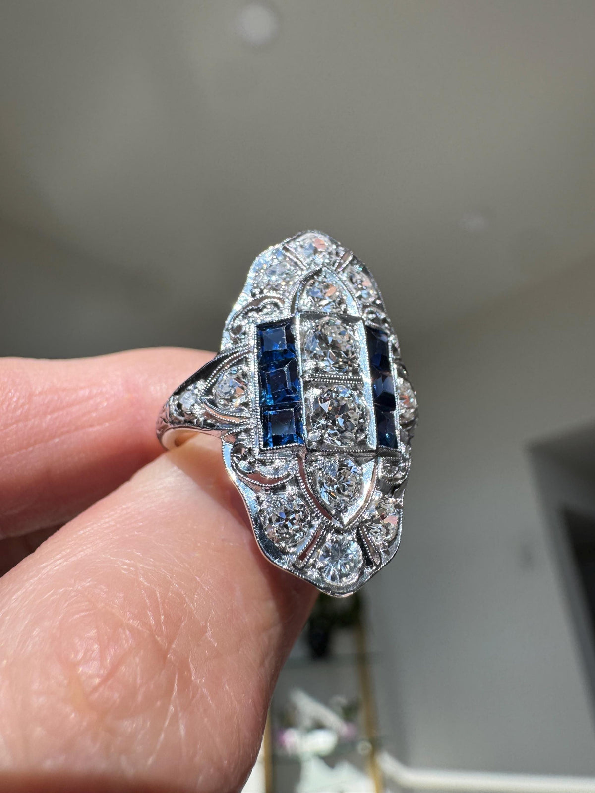 Art Deco 18k White Gold Old European Cut Diamond & Sapphire Ring