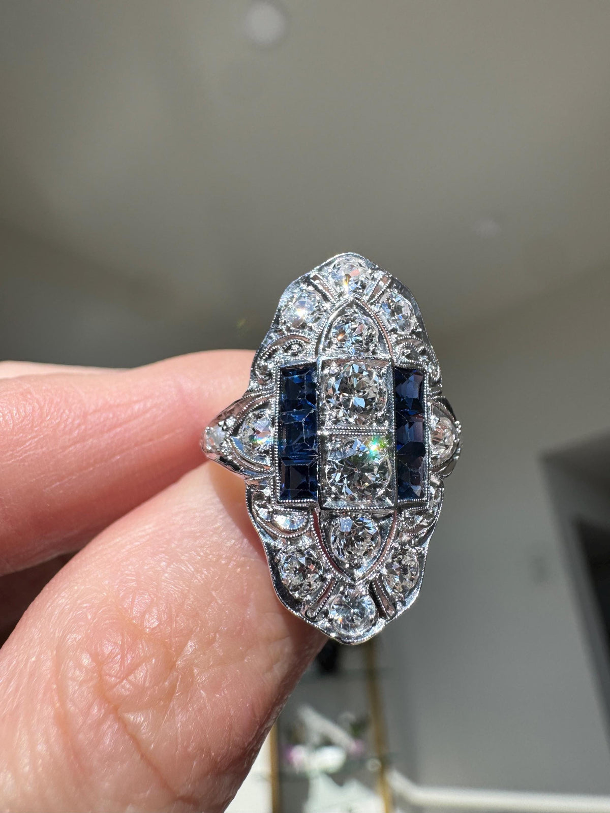 Art Deco 18k White Gold Old European Cut Diamond & Sapphire Ring