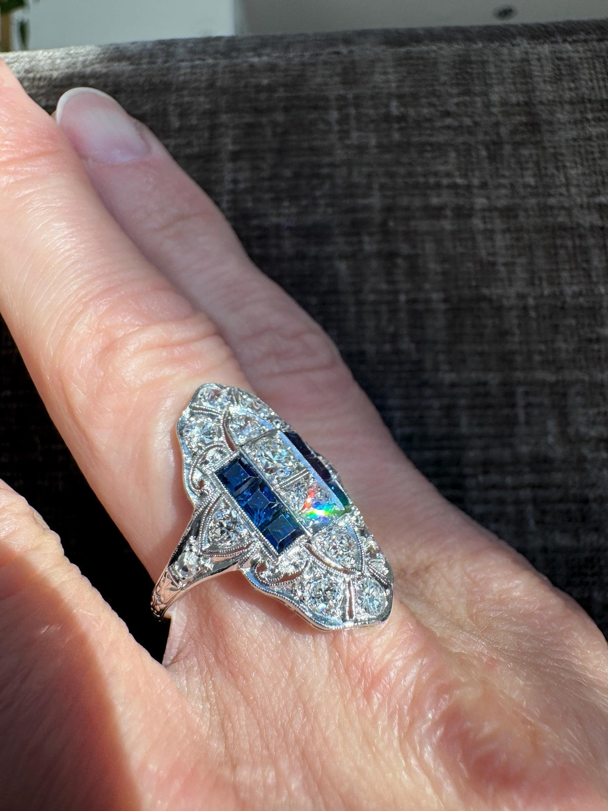 Art Deco 18k White Gold Old European Cut Diamond & Sapphire Ring