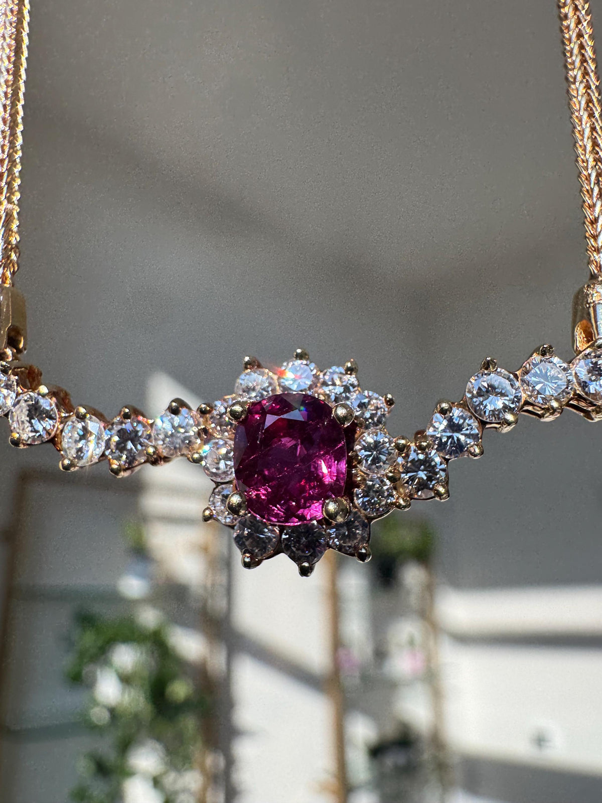 Vintage 18K Yellow Gold Natural Ruby & Diamond Necklace