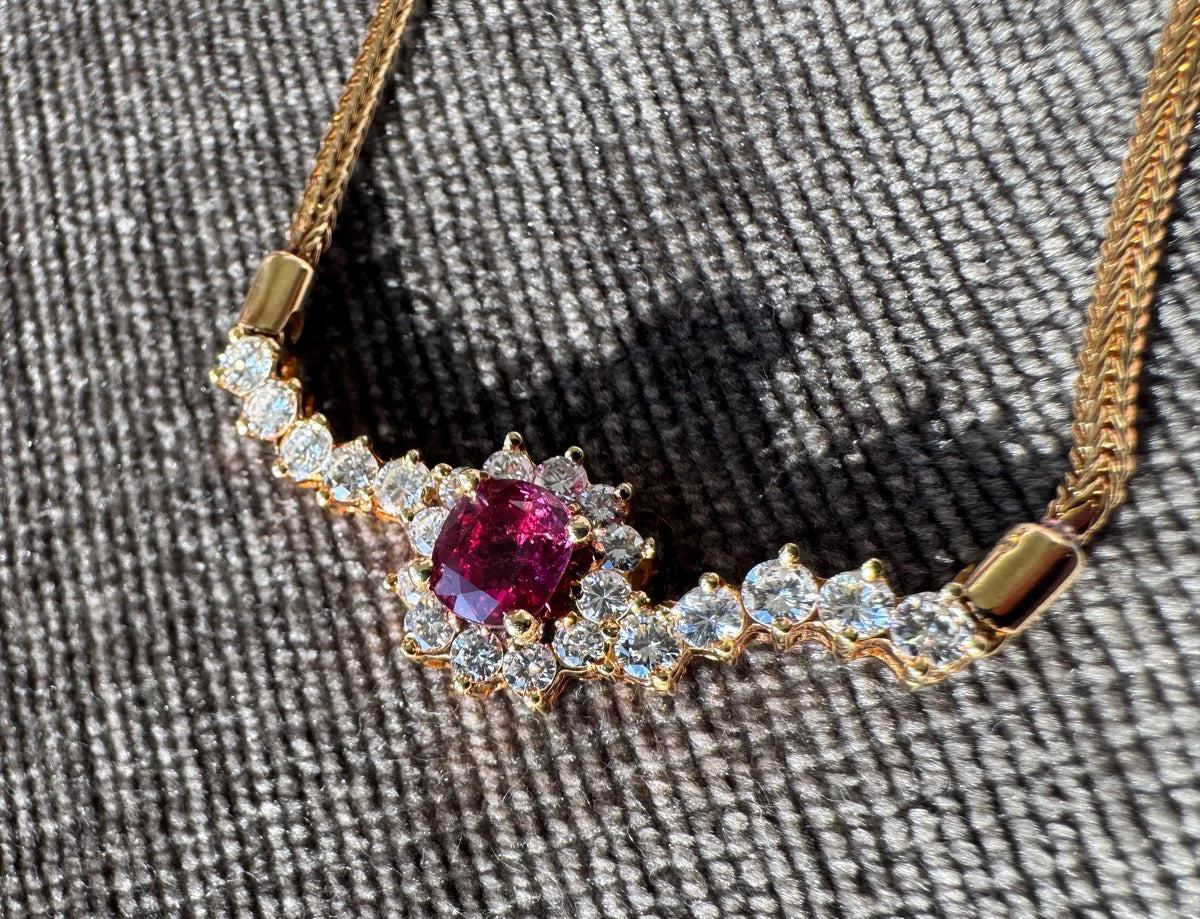 Vintage 18K Yellow Gold Natural Ruby & Diamond Necklace
