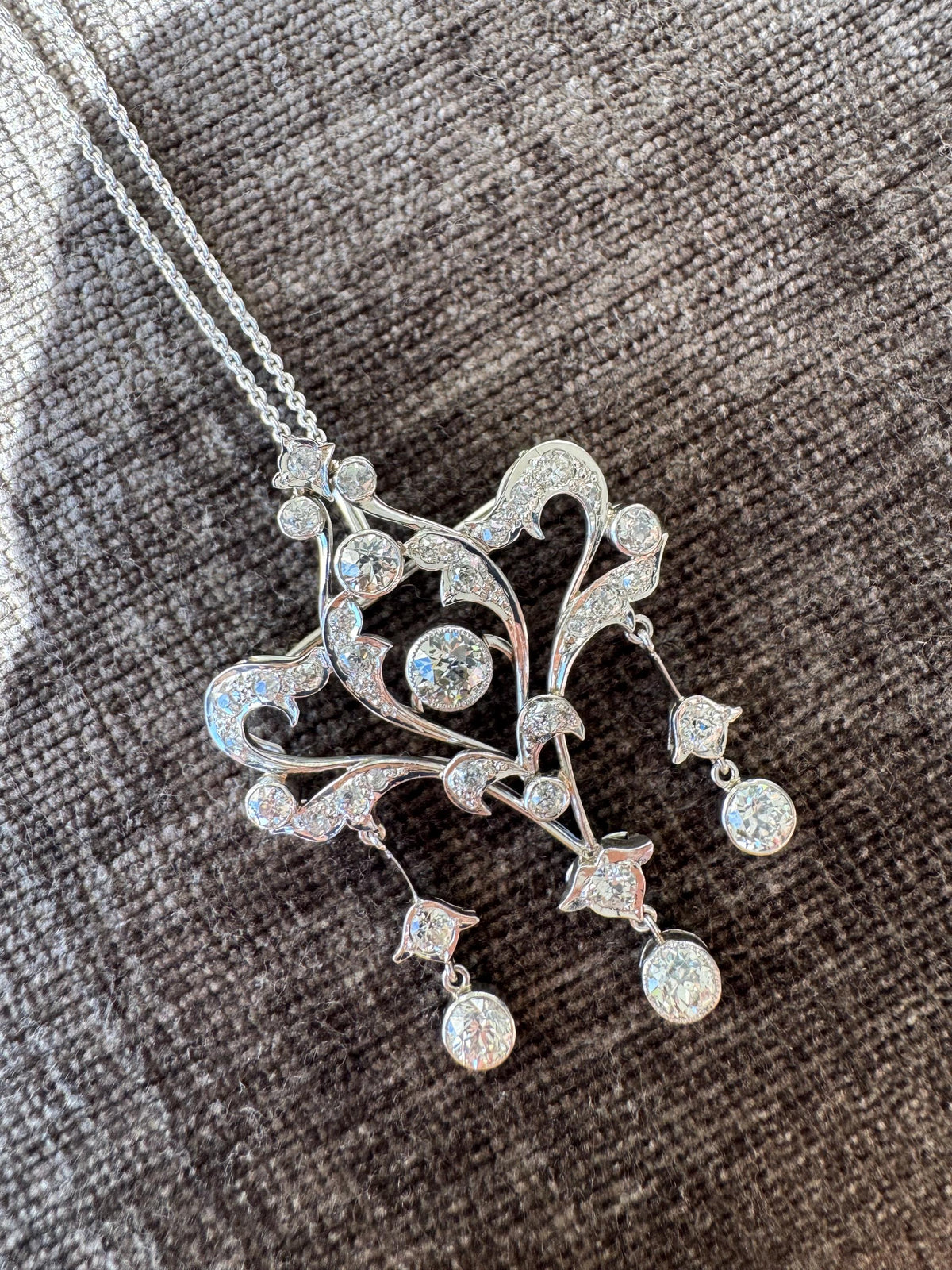 Antique Edwardian Belle Époque 3 CT Old Cut Diamond & Platinum Convertible Brooch Pendant Necklace