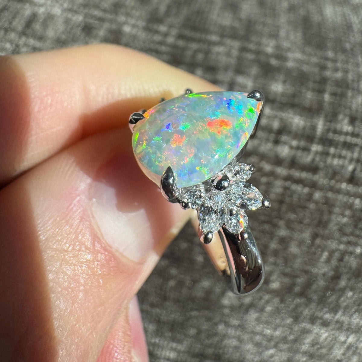 Pear Shaped Natural Australian Opal & Diamond Platinum Ring