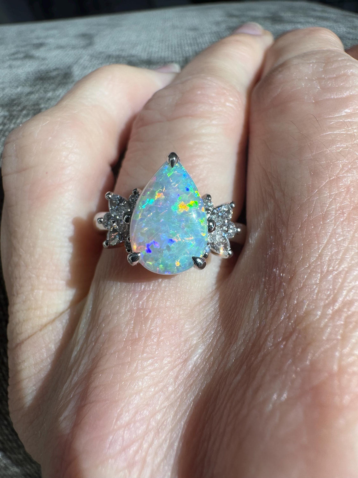 Pear Shaped Natural Australian Opal & Diamond Platinum Ring