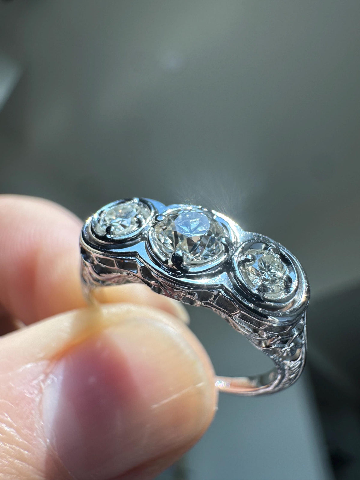 Vintage 14K White Gold Three Stone Ring | Old European Cut Diamonds, Art Deco Style