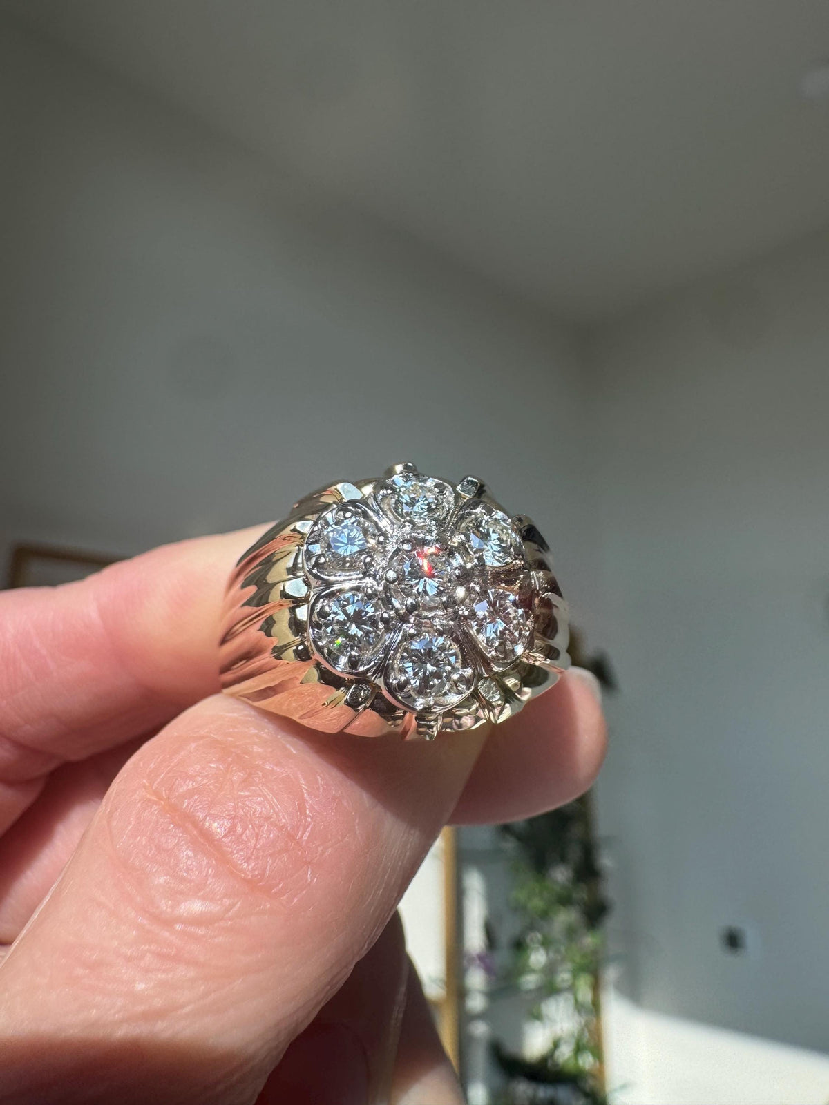 Vintage 14k Yellow Gold Mid Century 1950’s Diamond Flower Cluster Ring