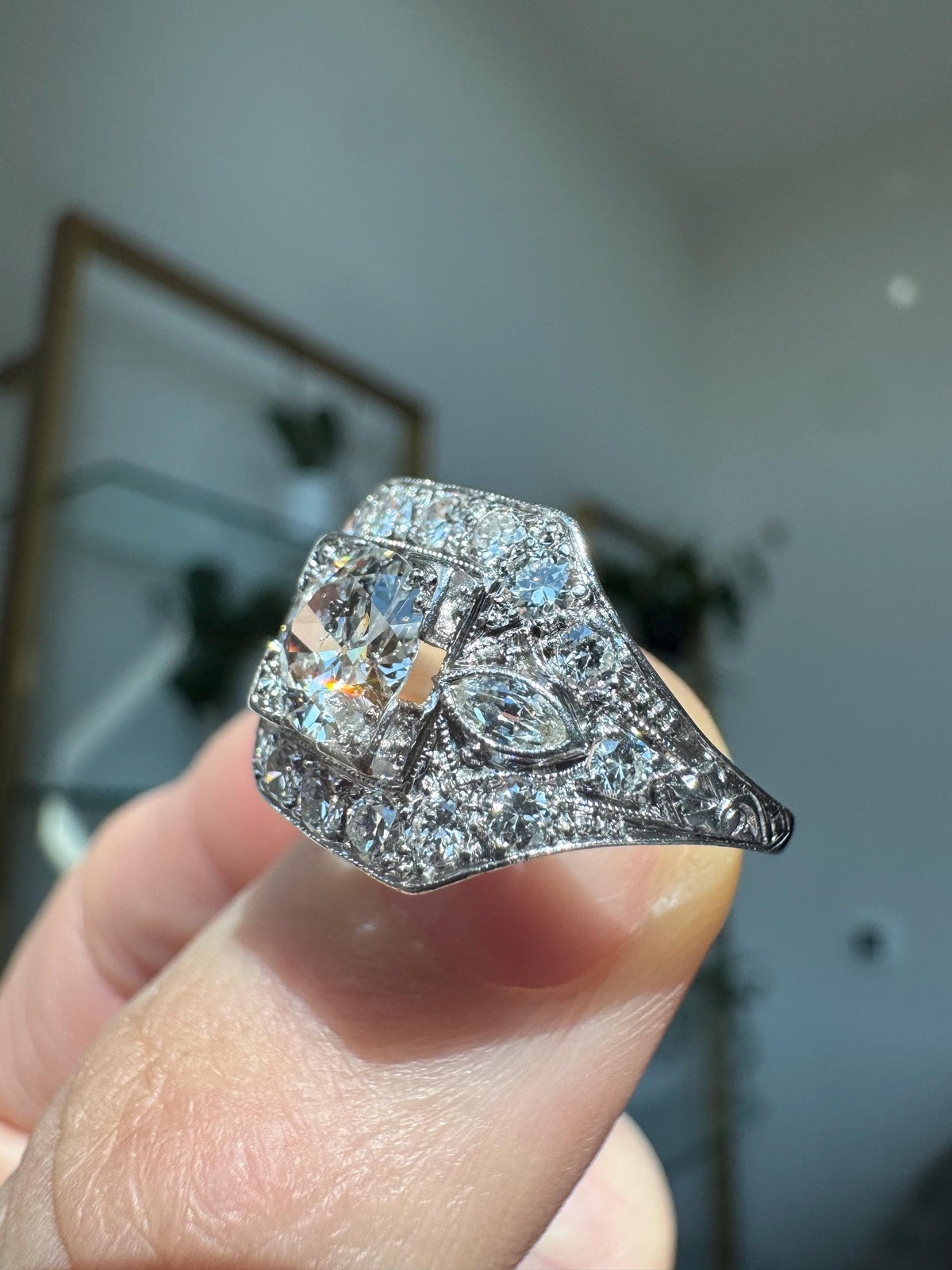 Art Deco Platinum Old Mine Cut Natural Diamond Ring