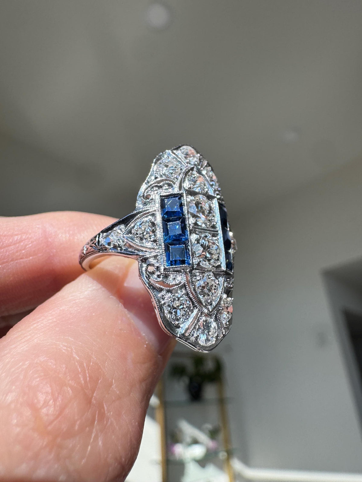 Art Deco 18k White Gold Old European Cut Diamond & Sapphire Ring