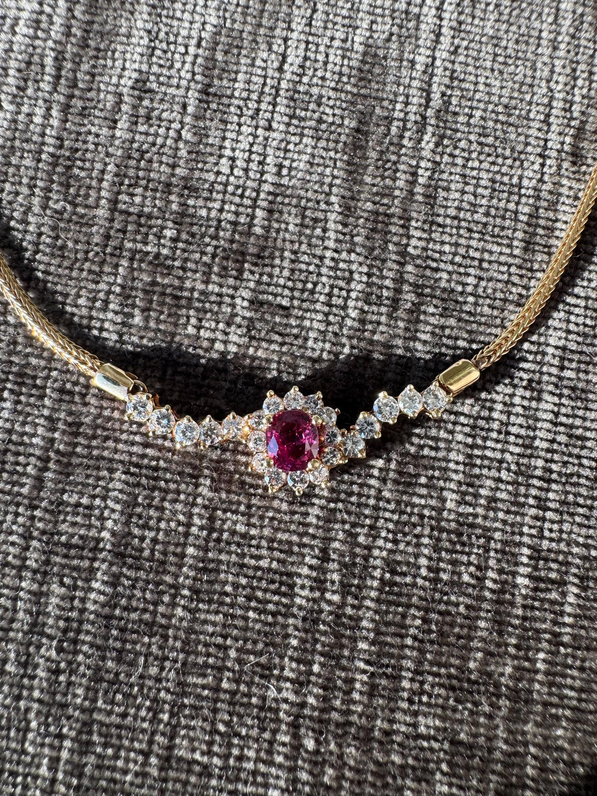 Vintage 18K Yellow Gold Natural Ruby & Diamond Necklace