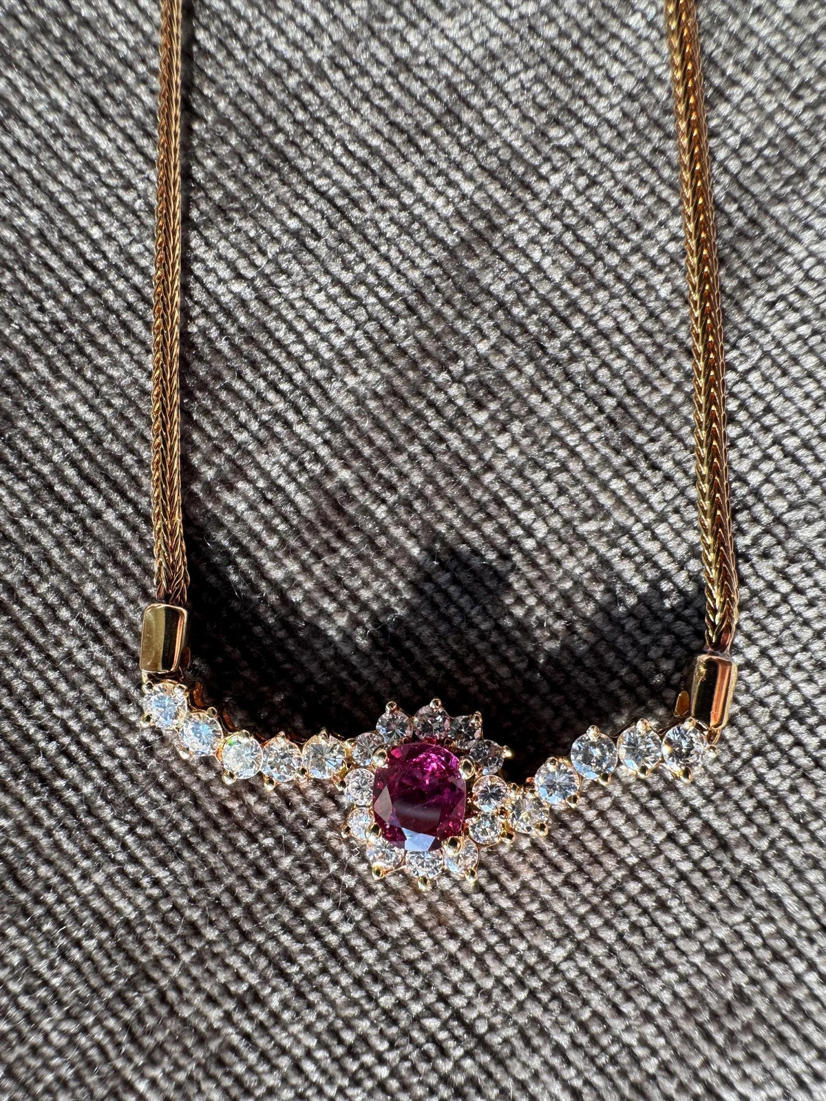 Vintage 18K Yellow Gold Natural Ruby & Diamond Necklace