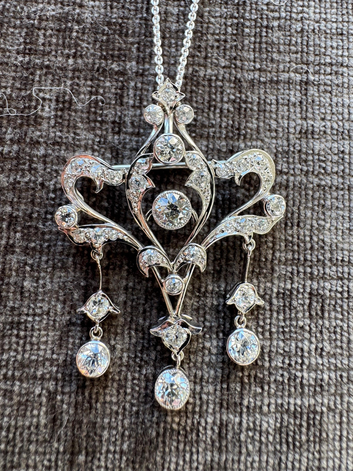 Antique Edwardian Belle Époque 3 CT Old Cut Diamond & Platinum Convertible Brooch Pendant Necklace