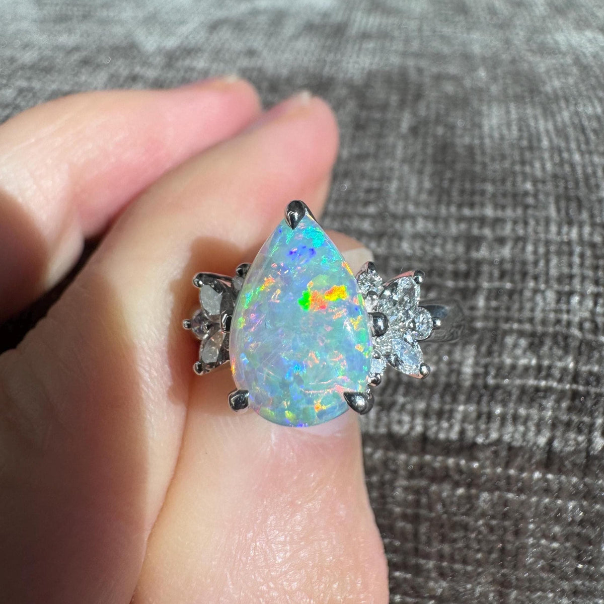 Pear Shaped Natural Australian Opal & Diamond Platinum Ring