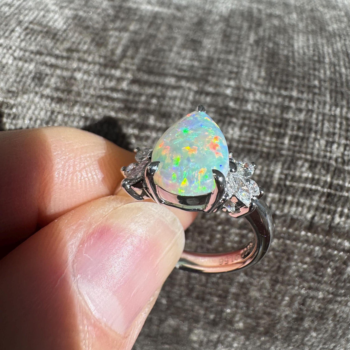 Pear Shaped Natural Australian Opal & Diamond Platinum Ring