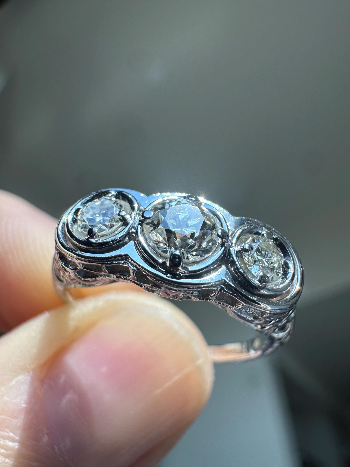Vintage 14K White Gold Three Stone Ring | Old European Cut Diamonds, Art Deco Style