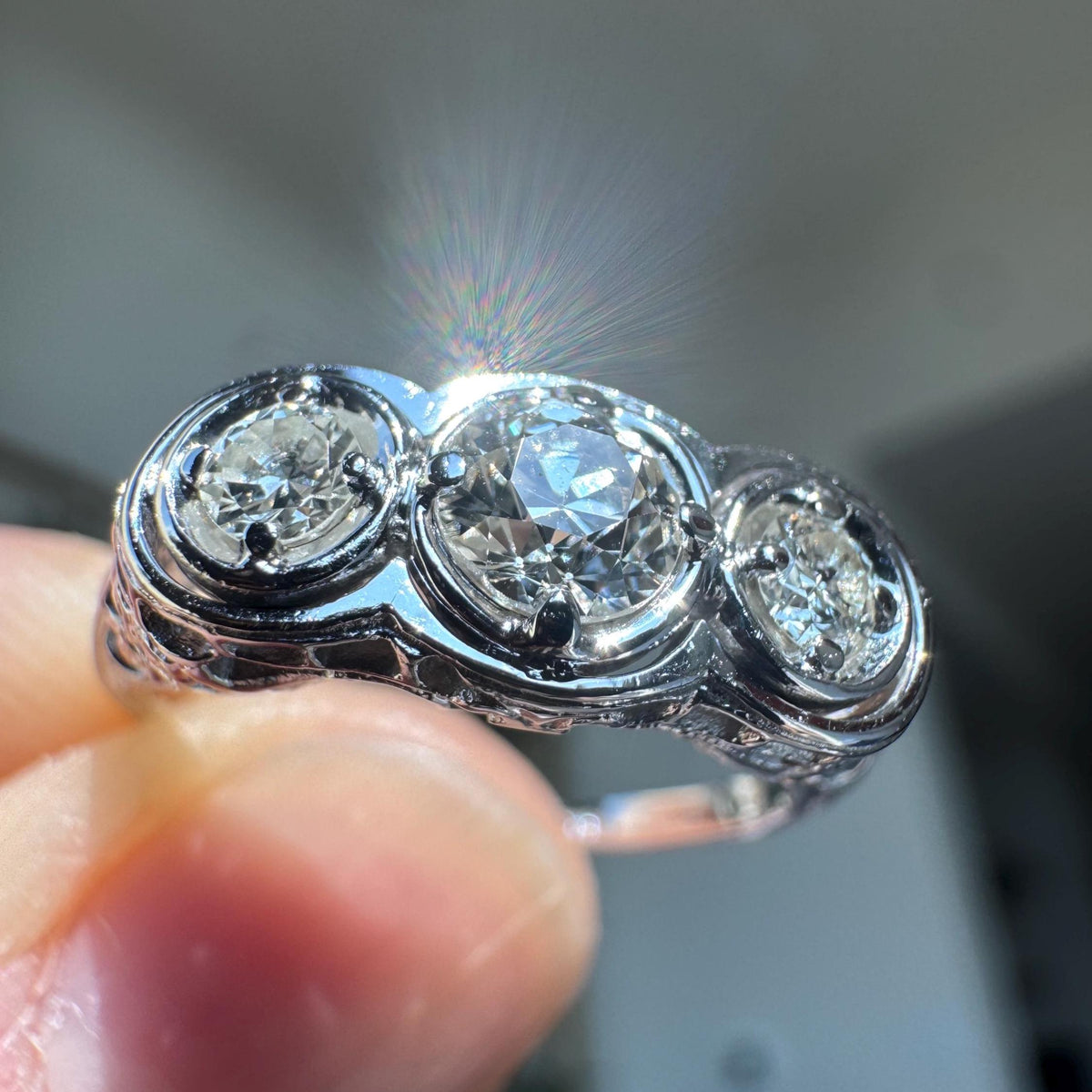 Vintage 14K White Gold Three Stone Ring | Old European Cut Diamonds, Art Deco Style