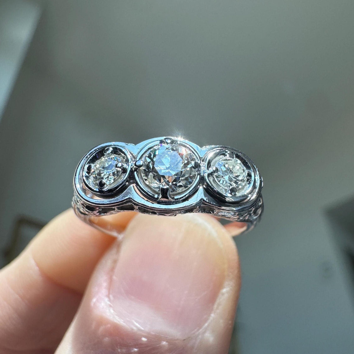 Vintage 14K White Gold Three Stone Ring | Old European Cut Diamonds, Art Deco Style