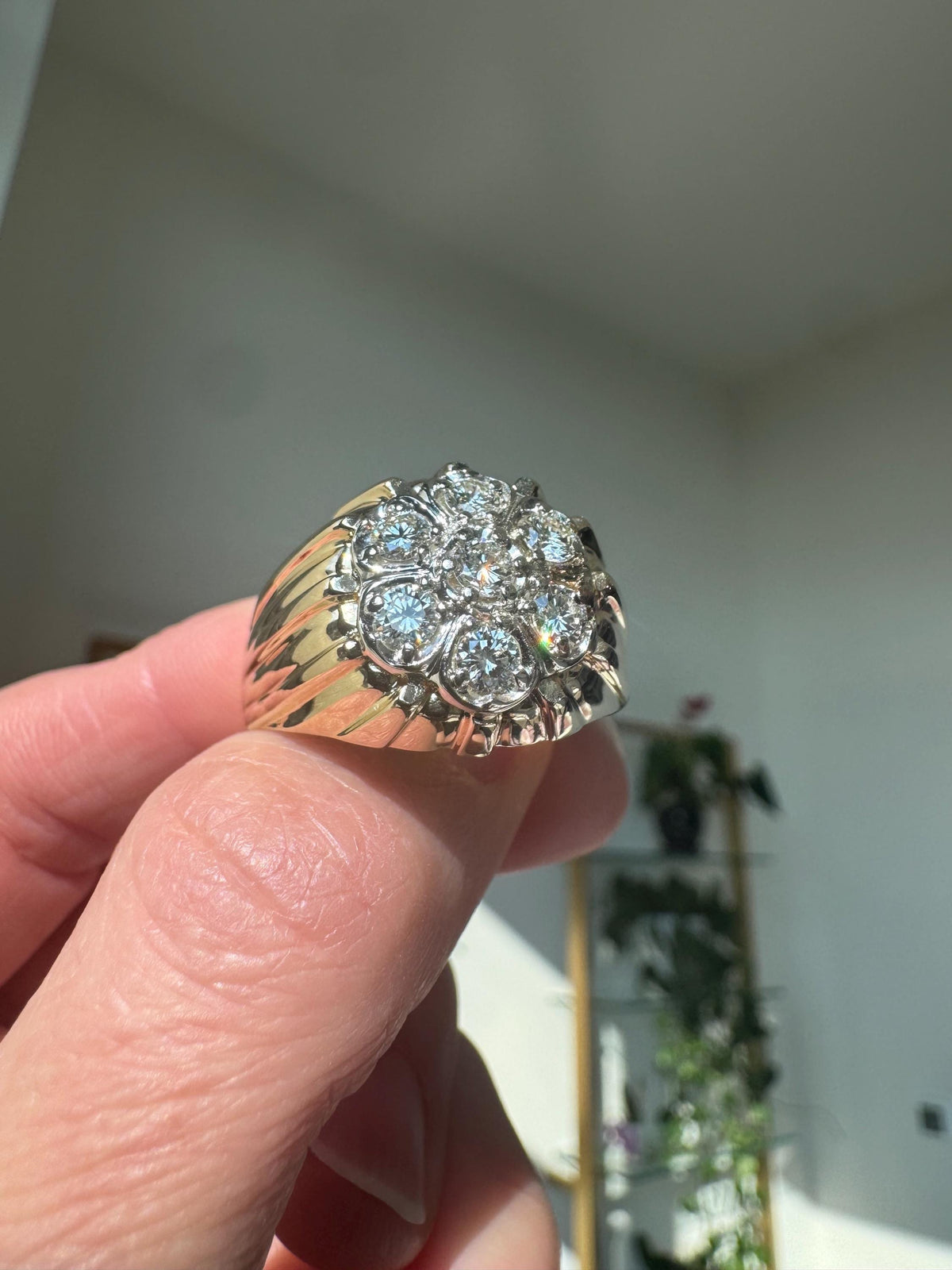 Vintage 14k Yellow Gold Mid Century 1950’s Diamond Flower Cluster Ring