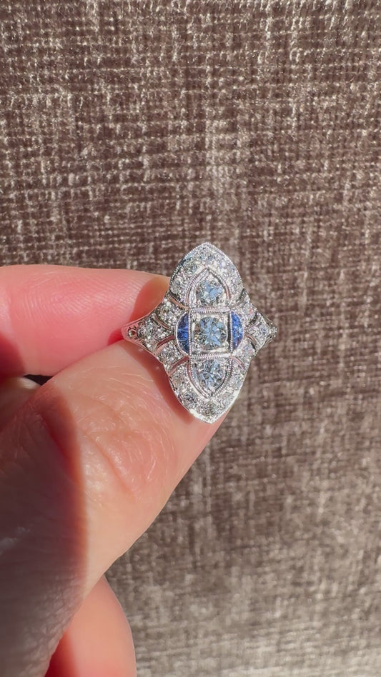 Antique Art Deco Old European Cut Diamond & Sapphire Ring Platinum Filigree Ring